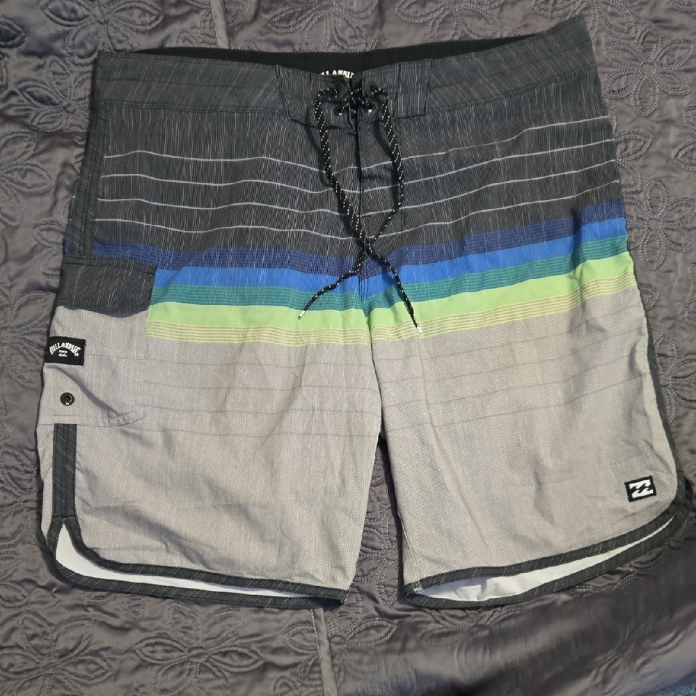 Billabong Men's Striped Gray, Blue, and Green Board Shorts